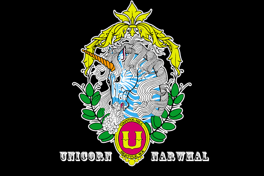 Logo of Unicorn featuring a blue-striped unicorn head inside an ornate crest with green leaves and colourful details on a black background.