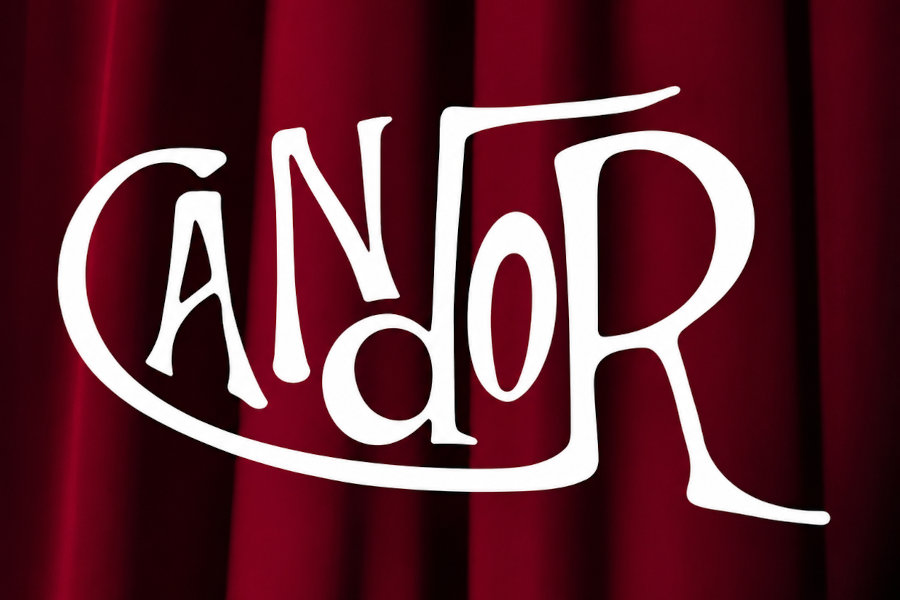 “Candor”的标志以白色字体呈现，背景是一幅红色剧院幕布，幕布上带有柔和的褶皱和阴影。