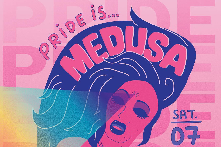 MEDUSA的宣传海报，画面中一位身着高跟鞋的变装表演者以插画形式呈现，粉色背景上配有装饰性文字。