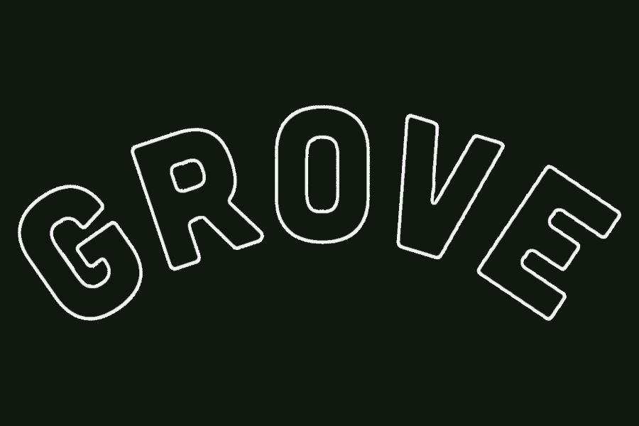 Logo of Grove Bar showing the word “GROVE” in large curved white outline letters on a dark green background.