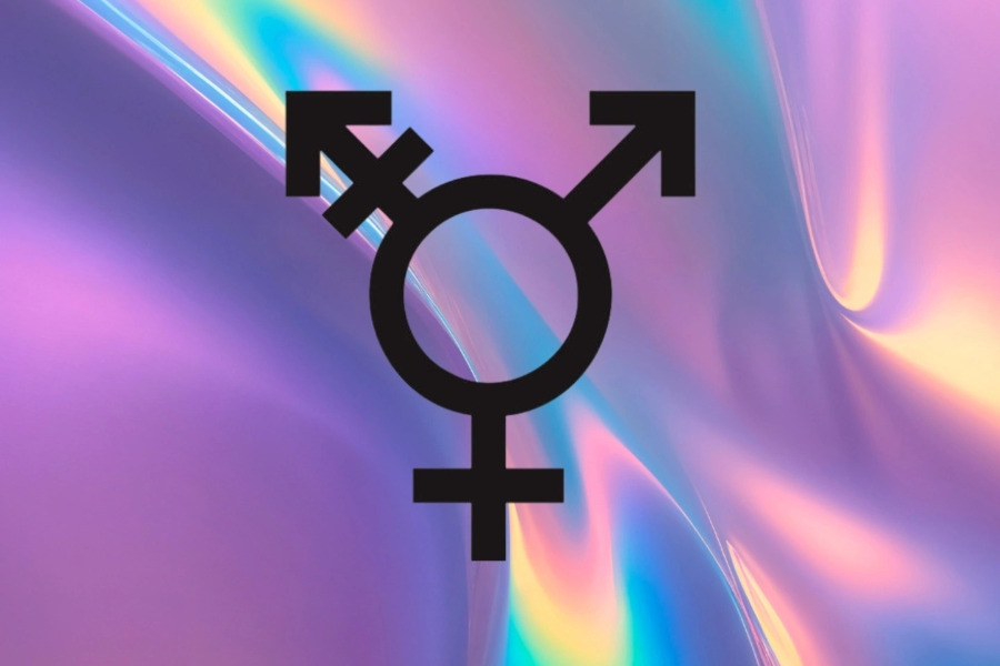 Black transgender symbol centered on a colorful gradient background with soft flowing hues of pink, blue, and purple.