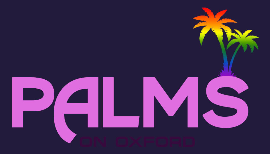 Logo of Palms with large pink “PALMS” text and rainbow-colored palm trees on a dark purple background.