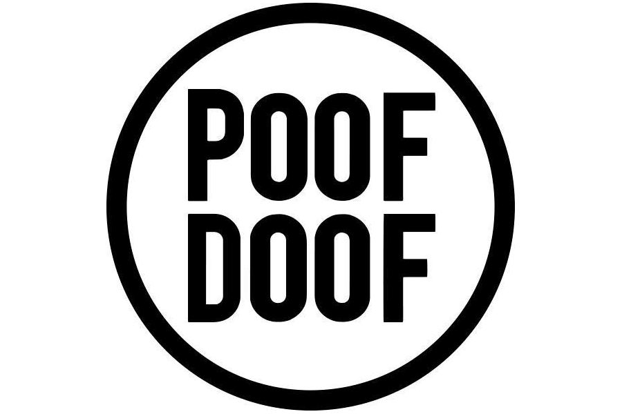 Logo of POOF DOOF featuring large black letters arranged in two lines within a circular outline on a white background.