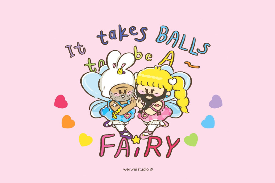 Cartoon-style Fairy Bar logo showing two colorful fairies holding hands on a pink background.
