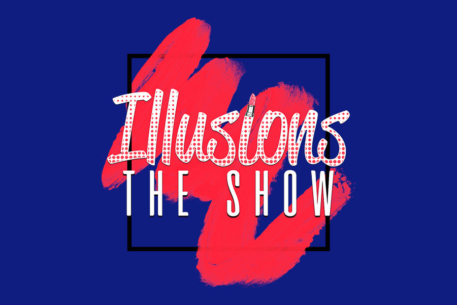 Logo of Illusions the Drag Queen Show Dinner & Drag Brunch featuring white dotted lettering, a lipstick detail and vivid pink brush strokes on a blue background.