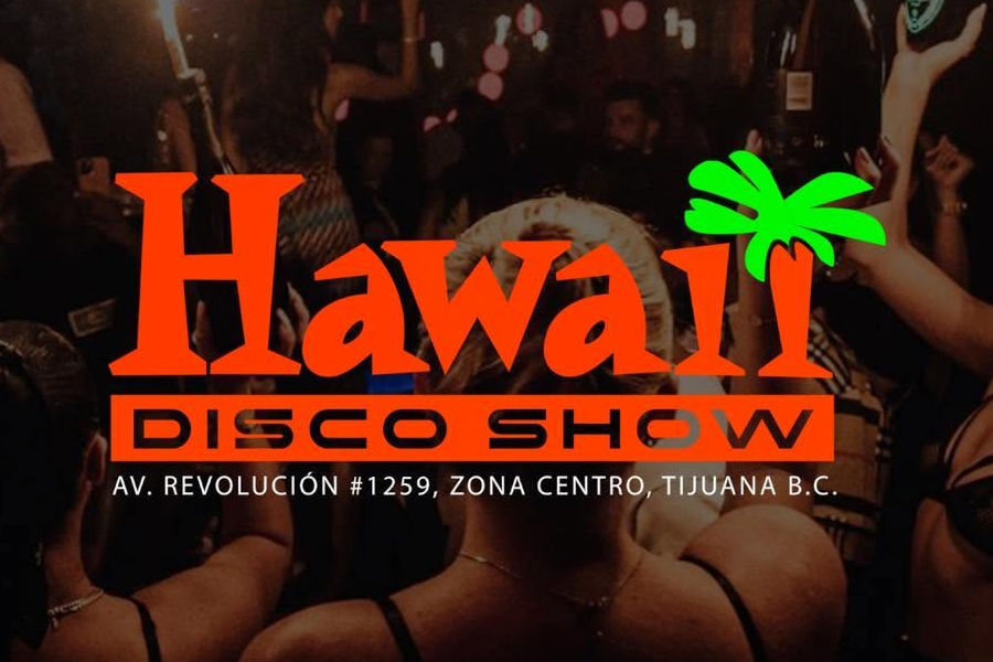 Logo of Hawaii Revolucion with a green palm tree over a nightlife scene, with the Tijuana address displayed below.