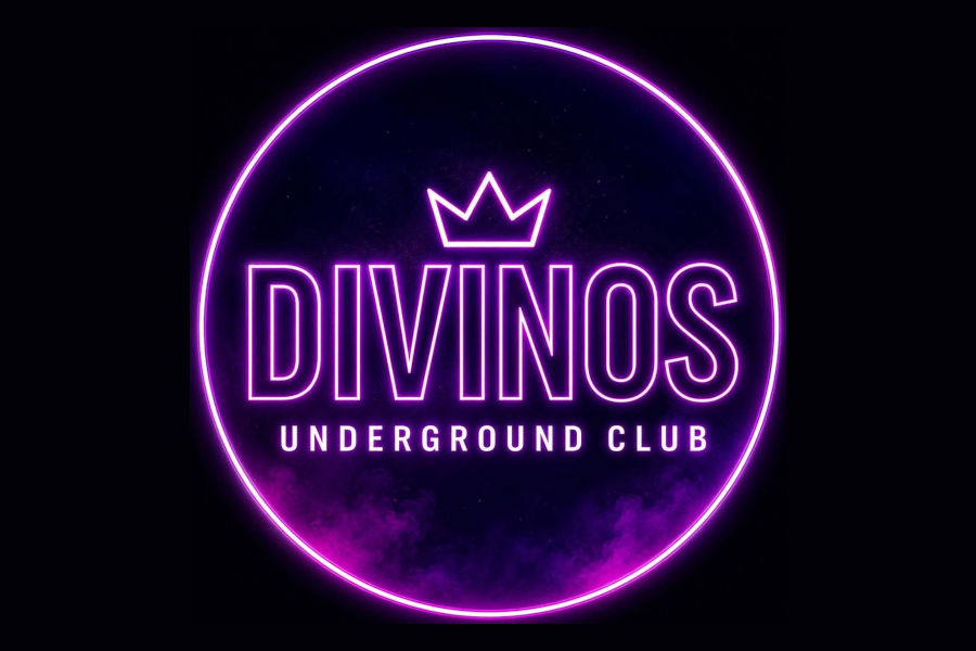 Purple neon Divinos Underground Club logo with a crown inside a glowing circle on a dark background.