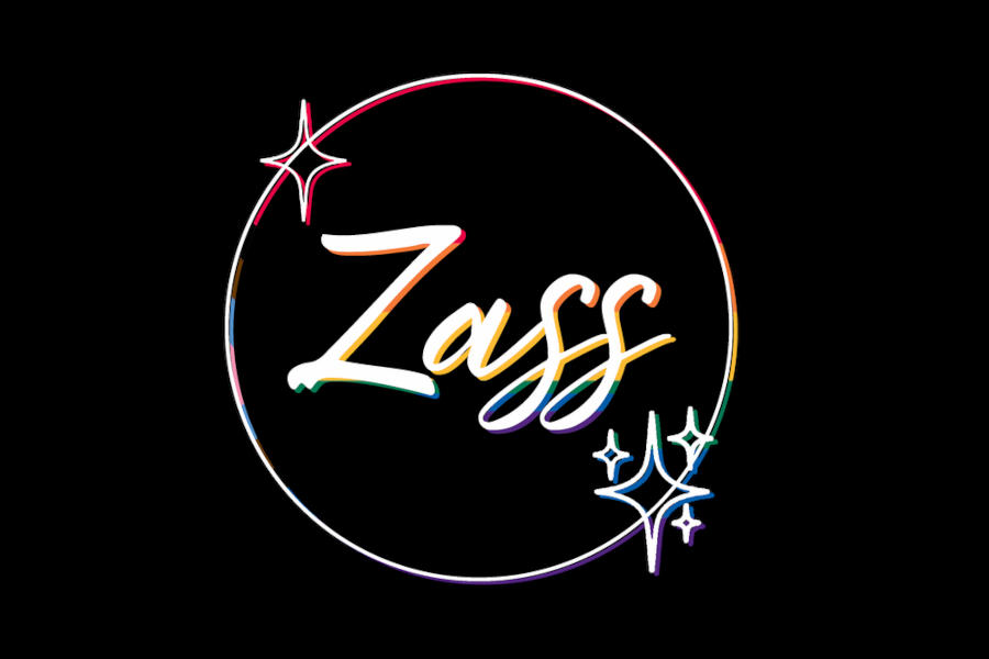 Logo of Zass Tijuana featuring white script with rainbow accents inside a circular outline with decorative sparkling stars.