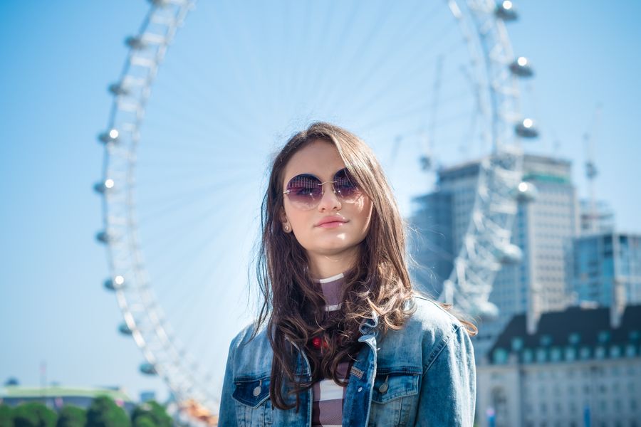 transgender woman wearing sunglasses and a denim jacket posing in front of the London Eye on a sunny day in London.